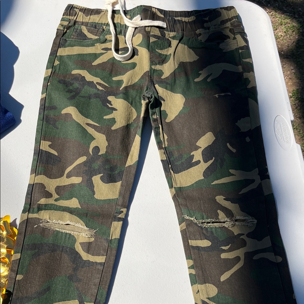 Camouflage Jogger Pants with Ripped Knees